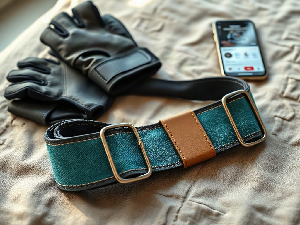 Ceinture lombaire de sport posée sur une surface blanche avec accessoires d'entraînement