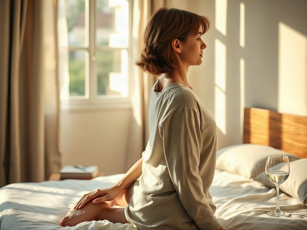 Femme faisant une rotation douce du cou le matin dans une chambre bien éclairée