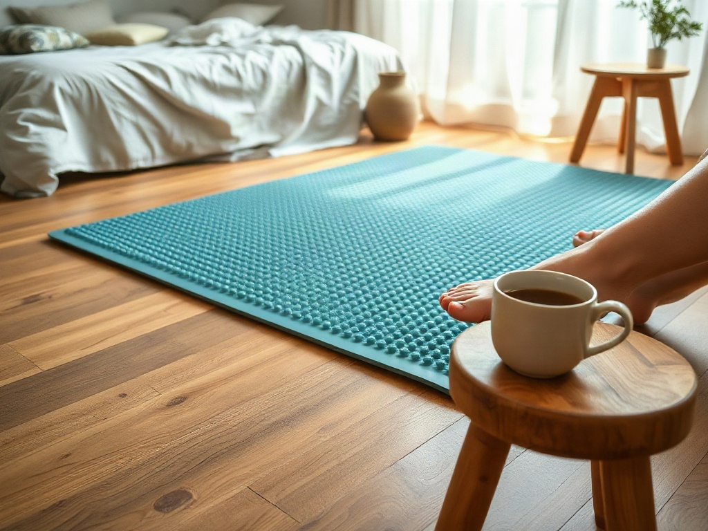 Tapis d'acupression posé au sol près d'un lit, moment avant de se relaxer dessus