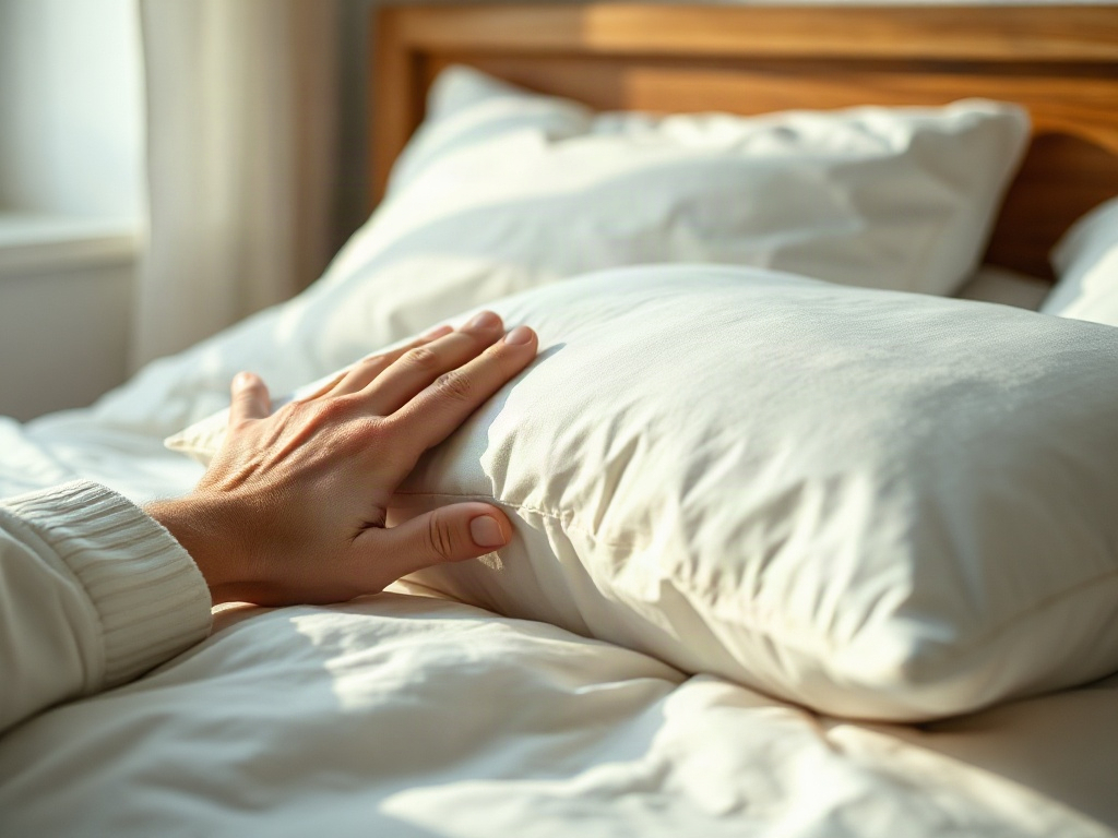 Une main enfonce un coussin mémoire de forme qui reprend lentement sa forme, à côté d'un coussin classique comprimé
