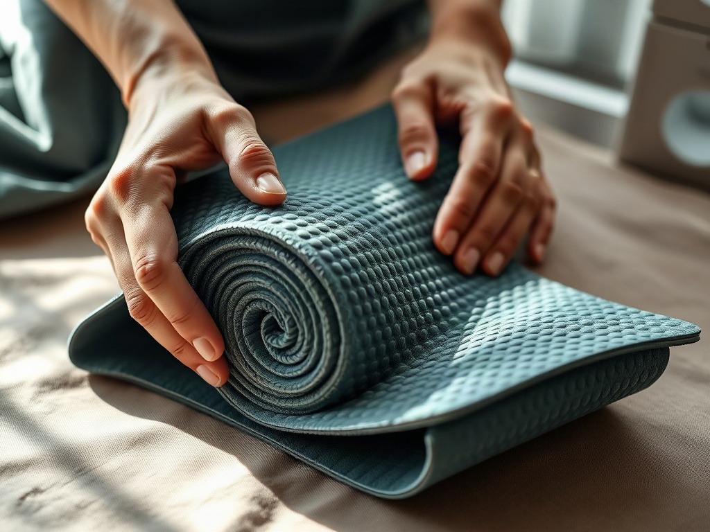 Détail des mains roulant un tapis d'acupression pour créer un support cervical
