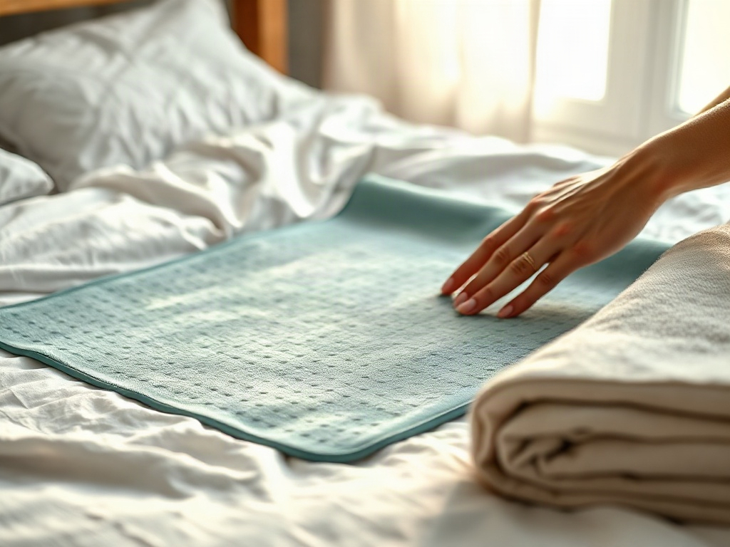 Positionnement du mata d'acupression sur un lit avec draps blancs