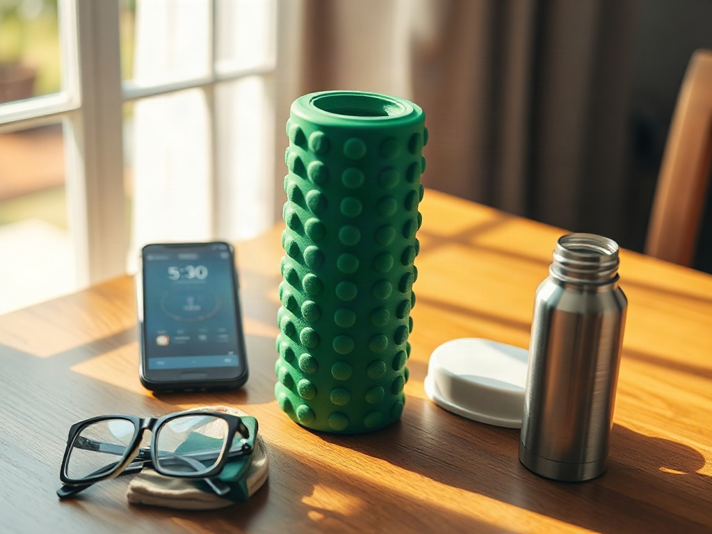 Mousse d'acupression verte sur table en bois avec minuteur et accessoires